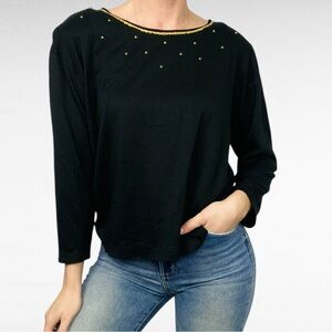 VINTAGE | Combinations | Black Studded Gold Neckline Preppy 3/4 Sleeve Shirt